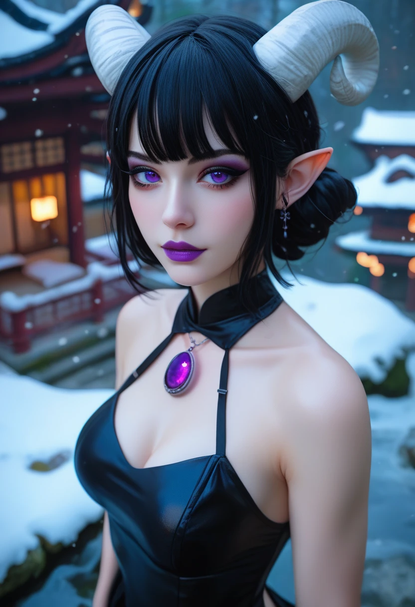((masterpiece、top-quality、ultra-detailliert、hight resolution、foco nítido、Photorealsitic、lighting like a movie))、Beautiful 40 year old female elf upper body portrait、bustshot、Focus from the chest up、Environments with complex details、Elegant person、elaborately patterned cloth cloak、Richly textured black leather armor and leggings、Delicately carved black plate armor、Bustling medieval cityscape and castle in the background、mystic atmosphere、Detailed background depiction、Deep sense of depth、tall、well-proportioned figure、A dark-haired、Hairstyle Ponytail、Seductive blue eyes、Sharp eyes、hyperdetailed face、Detailed ears、A detailed eye、Detailed hand depiction、Dynamic action、Look at viewers