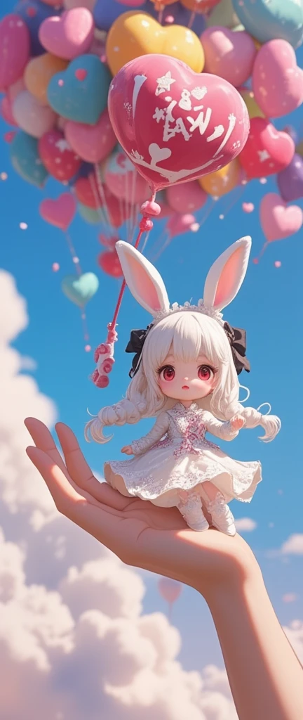  Cute pop balls in the shape of  "HASH". Pop and vivid and comical and colorful and Cute art.  Everything hovers in zero gravity .  gorgeous and colorful hearts and stars chicks.  rabbit girl \(chibi,Cute, kawaii, red eyes, white rabbit ears , in a beautiful white dress ,  embroidered with shiny white silk ,  luxuriously braided long white hair ,  large black hair bow ,  surprised face ,  ulybka, Cute pose,  waving hand , Idol\)  floating in the air .  everything takes off in the sky . Good mood,  grateful . thanks .   beautiful sky  . Anime style.perfect hand, detailed arm ,