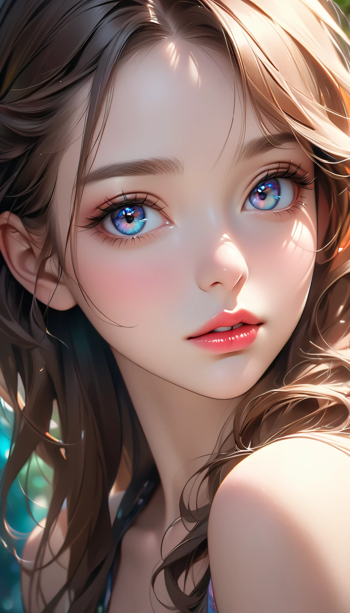 A beautiful young woman, hyper-realistic portrait, delicate features, intense gaze, natural light, soft skin, mesmerizing eyes, lush lips, long eyelashes, romantic atmosphere, dreamlike quality, vibrant colors, exquisite details, masterpiece, photorealistic, 8k, best quality, digital art