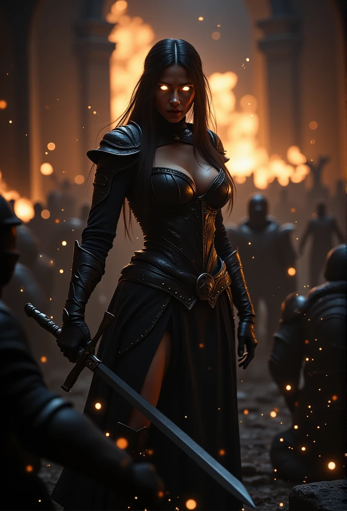 A sexy devil warrior girl, beautiful detailed eyes, beautiful detailed lips, extremely detailed face and body, long eyelashes, black leather outfit, holding a sword, in a dark fantasy landscape, (best quality, 4k, 8k, highres, masterpiece:1.2), ultra-detailed, (realistic, photorealistic, photo-realistic:1.37), dark fantasy, dramatic lighting, cinematic, vibrant colors