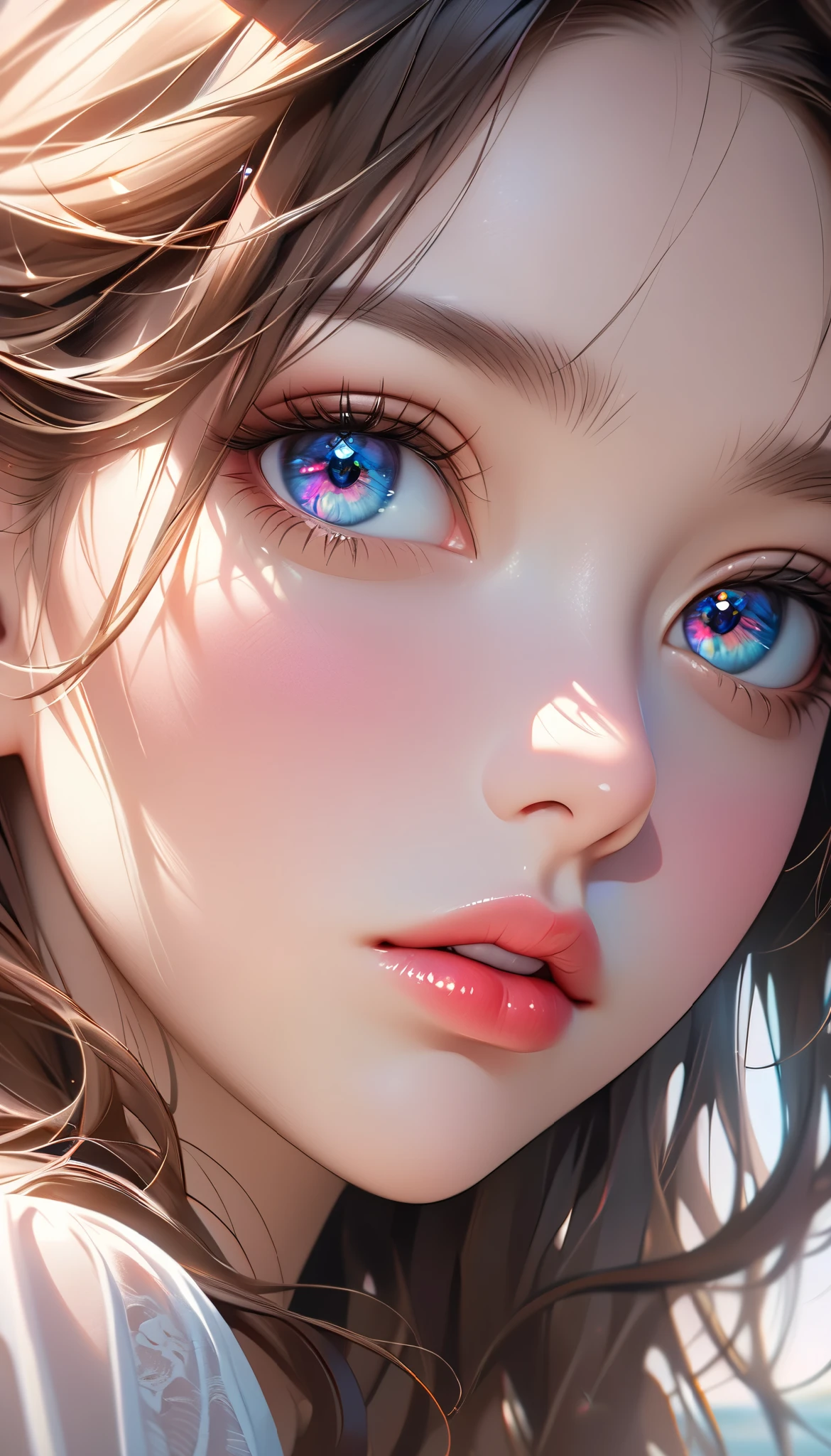 A beautiful young woman, hyper-realistic portrait, delicate features, intense gaze, natural light, soft skin, mesmerizing eyes, lush lips, long eyelashes, romantic atmosphere, dreamlike quality, vibrant colors, exquisite details, masterpiece, photorealistic, 8k, best quality, digital art