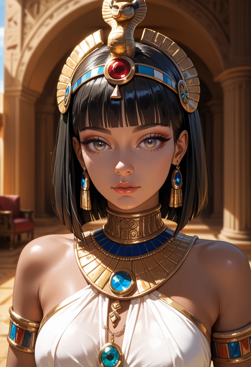 Create an image of Cleopatra, the iconic Egyptian queen. She should be depicted with her characteristic beauty and elegance. Cleopatra is adorned in a luxurious golden headdress with intricate designs, matching gold jewelry, and an elaborate white and gold dress that highlights her royal status. She should have striking makeup, including kohl-lined eyes, emphasizing her regal and captivating gaze. The background should feature elements of ancient Egypt, such as the Nile River, pyramids, or a palace with opulent decorations, to set the historical context.(((bob haircut)))