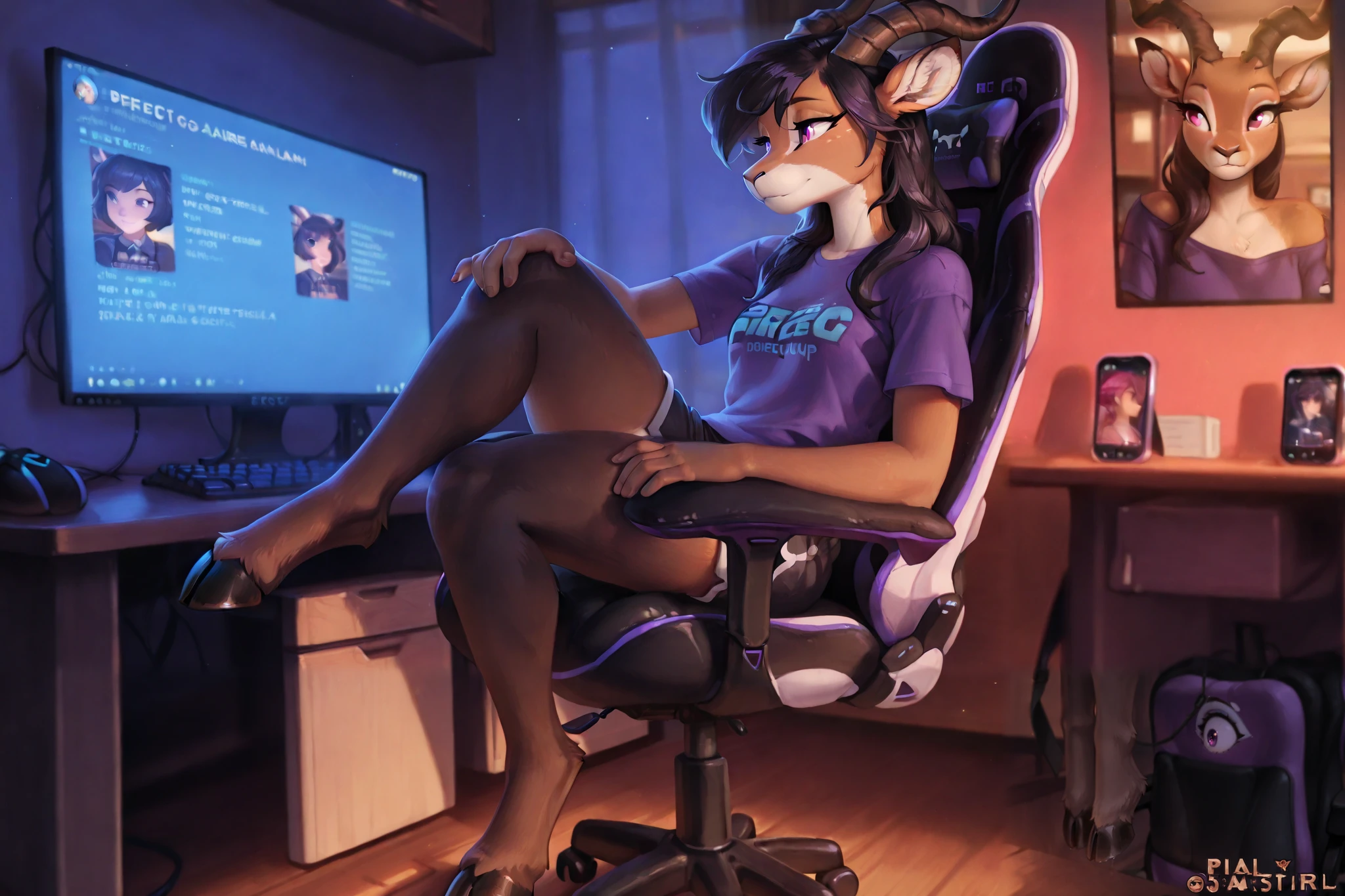 young anthro female antelope, thin, slim:1.3, cute, bored expression, hooves, perfect fur texture, detailed eye, perfect eyes, shorts hairs, wears purple flabby shirt, antilope's hooves feet, lays is feet above the desk:1.3, on profile gaming chair, perfect gaming chair, in front of a desk, perfect legs, girl's room at night:1.5, screen illumination, all light are off, gaming set-up:1.4 char1's sit on the chair in a dark:1.3 room, feet focu:1.4, feet close-up, masterpiece, breathtaking, trending, professional illustration, 4k, sdxl, by pixelsketcher:0.2, by hioshiru:0.4, perfect prospective, perfect gaming' chair prospective, dramatic shot,, cartoon-style art, superb linework, nice colors and composition, bold linework, close-up, (masterpiece), cute art by Dana Terrace, by Rebecca Sugar, by ry-spirit, amazing and wholesome cartoon-style art, cute art style, (trending on artstation)