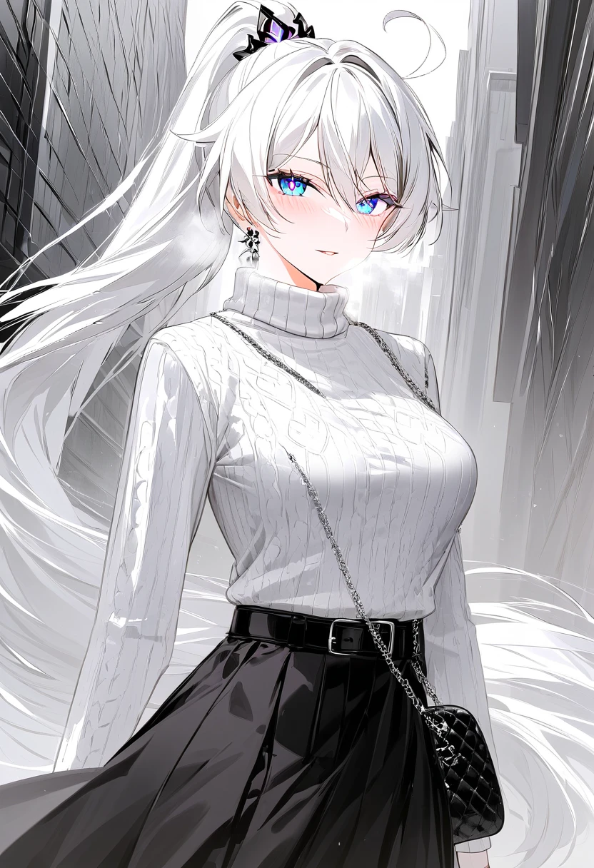 score_9, score_8_up, score_7_up, masterpiece, best quality, very aesthetic, absurdres, 1girl, adult grown woman, solo, kiana kaslana \(honkai impact 3rd\), herrscher of finality, white hair, ahoge, ponytail, very long hair, blue eyes, symbol-shaped pupils, glowing eyes, blush, seductive smile, heavy breathing, elegant business attire, light trench coat, form-fitting black skirt, white blouse, turtleneck sweater underneath, belt with metallic logo, quilted black handbag with chain strap, subtle jewelry, modern corporate style, highly polished appearance, monochrome palette, classy minimalist fashion, city background, professional aesthetic, walking on city