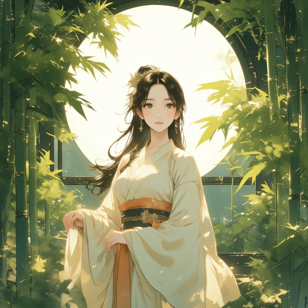 graphic art,ink-brush painting , A highly detailed and artistic digital illustration of a young East Asian woman depicted in a close-up, half-body view, surrounded by an abundance of tall bamboo stalks and lush bamboo leaves. She is dressed in a flowing white hanfu with subtle orange accents, exuding elegance and calmness. Her long black hair is left untied, flowing gently in the breeze, adding a sense of movement and natural beauty. The glowing circular white light in the background softly illuminates her serene face and upper body, blending harmoniously with the dense layers of bamboo leaves around her. The rich greenery and overlapping bamboo foliage create an immersive, tranquil atmosphere, while the soft lighting and delicate details of her expression emphasize an ethereal and peaceful mood. The composition focuses on her upper body, with the surrounding bamboo leaves framing her gracefully.