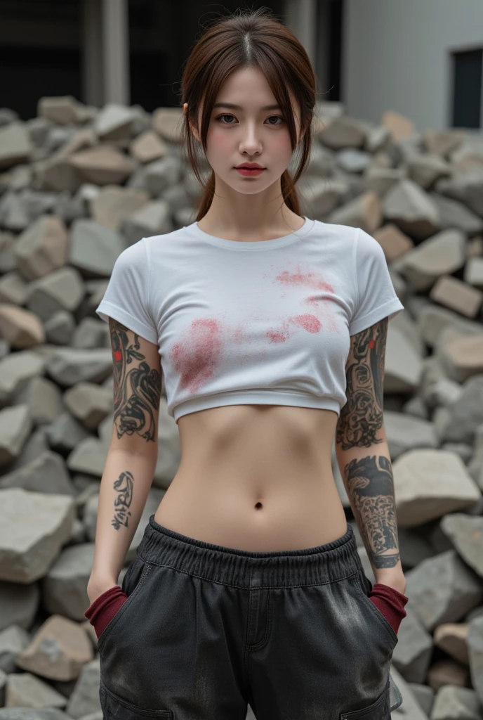 A young 18-year-old woman with beautiful and realistic skin texture stands in front of a background of concrete rubble. Her work-stained shirt adds a harshness to the overall image. Toned abs, baggy work pants. She has tattoos on her arms and a dirty battery, adding an edgy vibe to her look. The focus of the image is on great detail. The skin , accurately depicts every pore and wrinkle . Industrial atmosphere, urban atmosphere. Plays an important role in enhancing the realistic effect and photorealistic effect of the image. Colors are vivid and details until clear, The result is a top-quality 8K image that resembles a masterpiece.