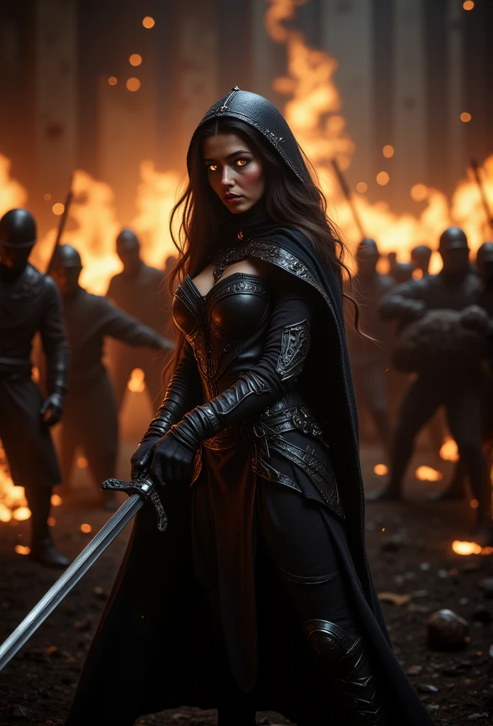 Gorgeous slurty sexy medieval warrior Princess, darkness, sparks, sword, fire, greatest detail, sexy, battle in background 