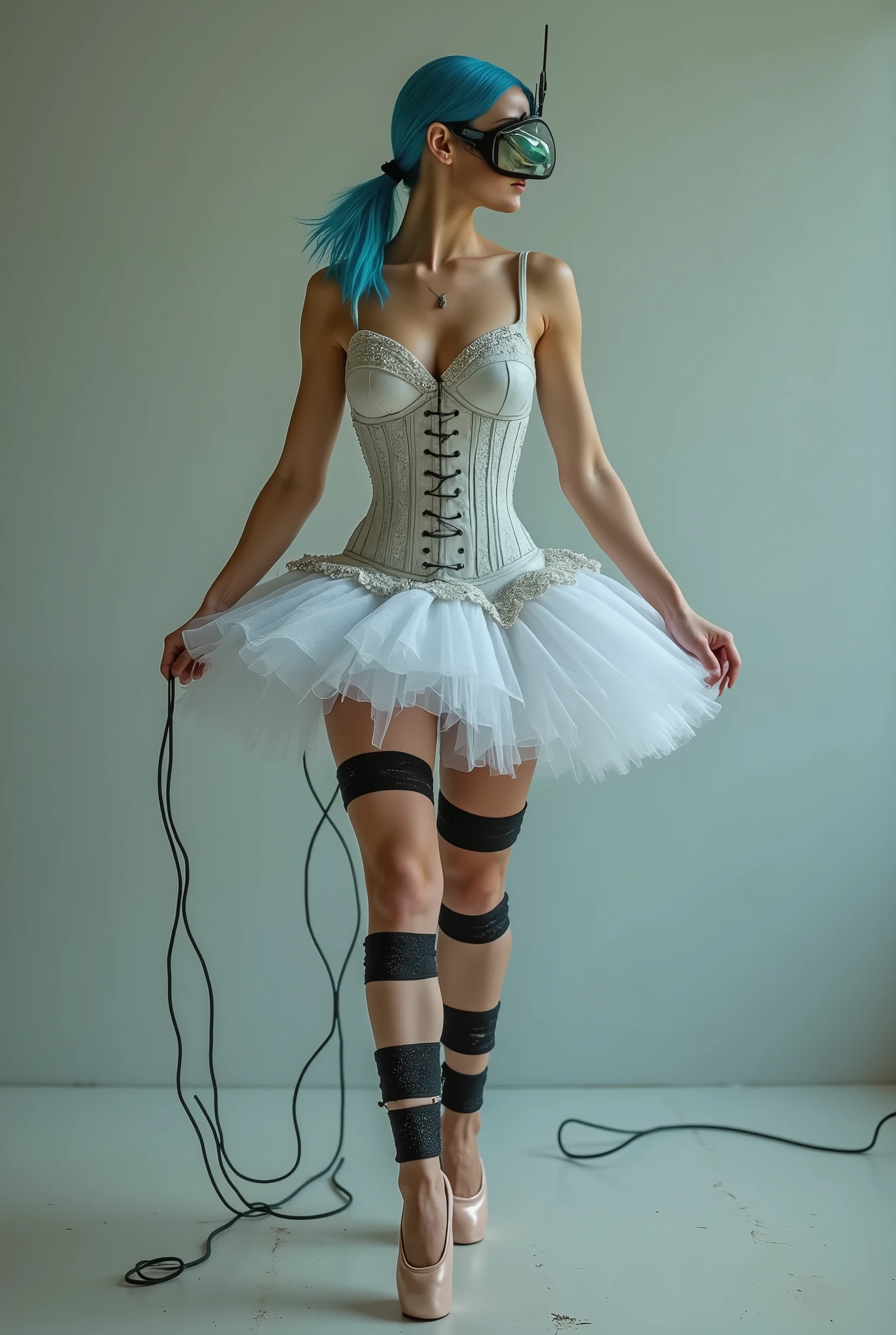 ((( Perfect Face ))) leg pocket with generator ,  hands are connected together behind her back , Light blue hair, Hände tied up,  she dances with her legs wide apart ,  beautiful ballerina , Bondage,  she breathes with an oxygen mask ,  the mask is tied to a thick , black,  corrugated sulfur hose , der mit einer black Gasflasche in ihrer Nähe verbunden ist,  a halter is tied to her thighs , an Hand- und Fußgelenken tied up, tied up, necklace, Latex corset ,  white polka dot tutu hangs high up !!!,  legs are spread wide , Mouth open, Mouth is open ,  as she clearly pronounces the sound “a” , Chin is high ,  ilizarov apparatus on her legs ,  polio braces on her legs ,  generator pack attached to her leg ,  placed on her face ,  black sexy nylon stockings with suspenders  (1,5) attracted,  latex pointe shoes ,  thick black cables lie on the ground and are plugged into her body at various points,  her head is stuck in a bird cage with thick rods ,  very detailed beautiful face, Ballknebel, Mouth open,  her throat can be seen , Mouth is wide open, (no mask,) braces.
