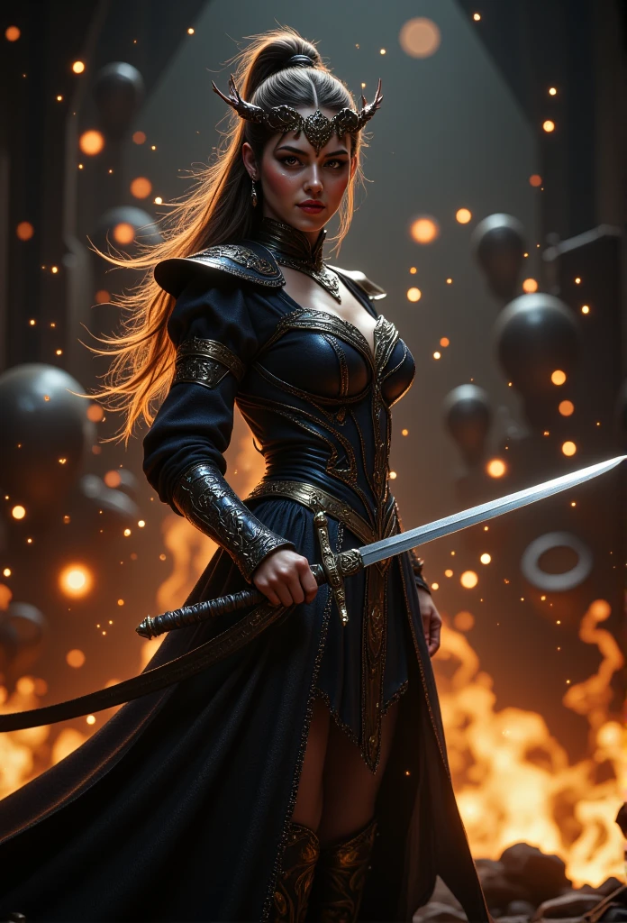 Gorgeous sexy medieval warrior Princess, darkness, sparks, sword, fire, greatest detail, sexy, battle in background 