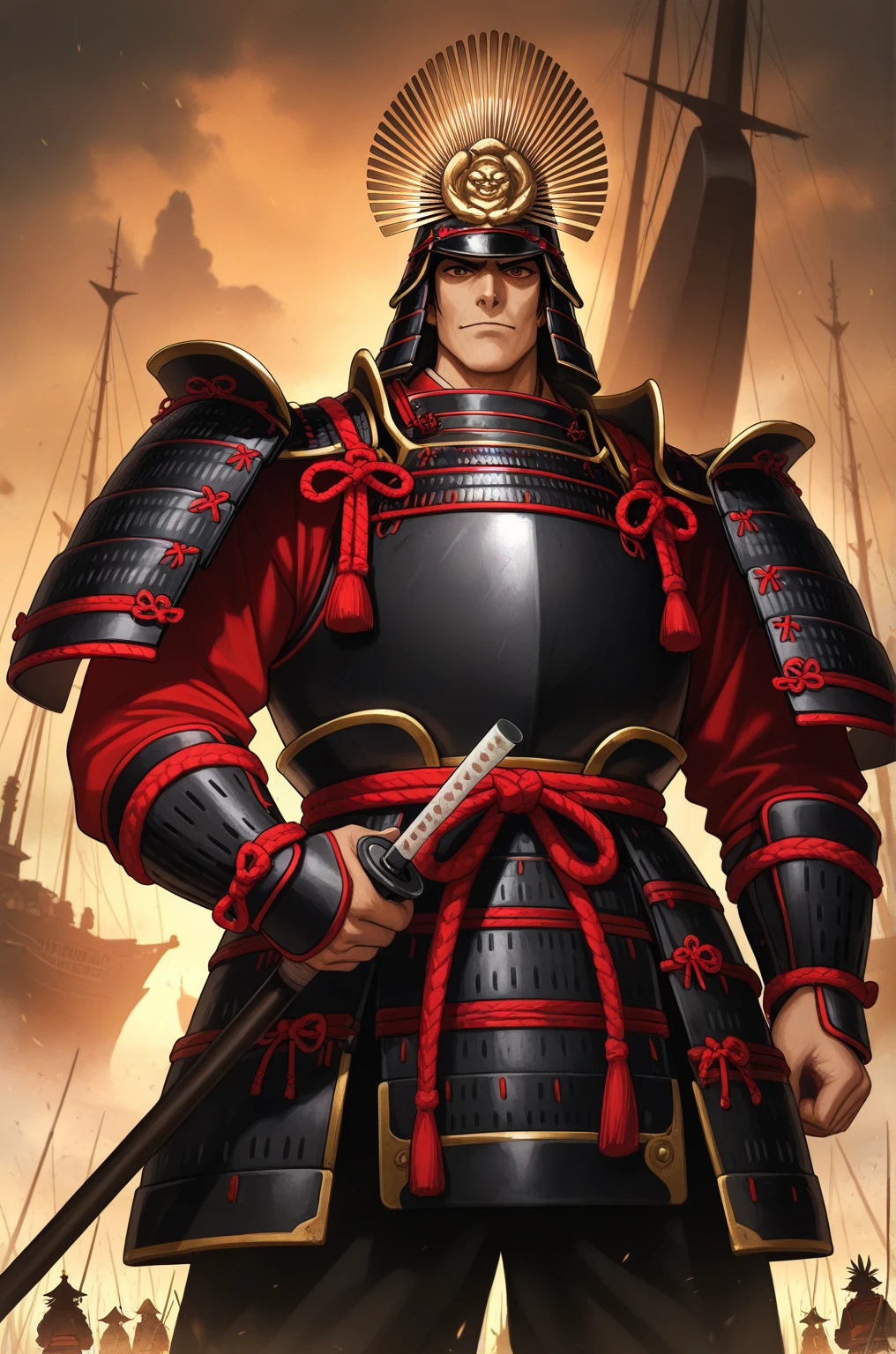  top quality,  Masterpiece,  highest resolution， (Traditional Japanese Samurai Armor), （battlefield_background）， ship this_King Kong，woman， anime style , （4K）, Alone， ((whole body)) ，  Nobunaga's Ambition with a tin cane illustration style，  looking at camera,  hyper-detail , ( intricate details ),