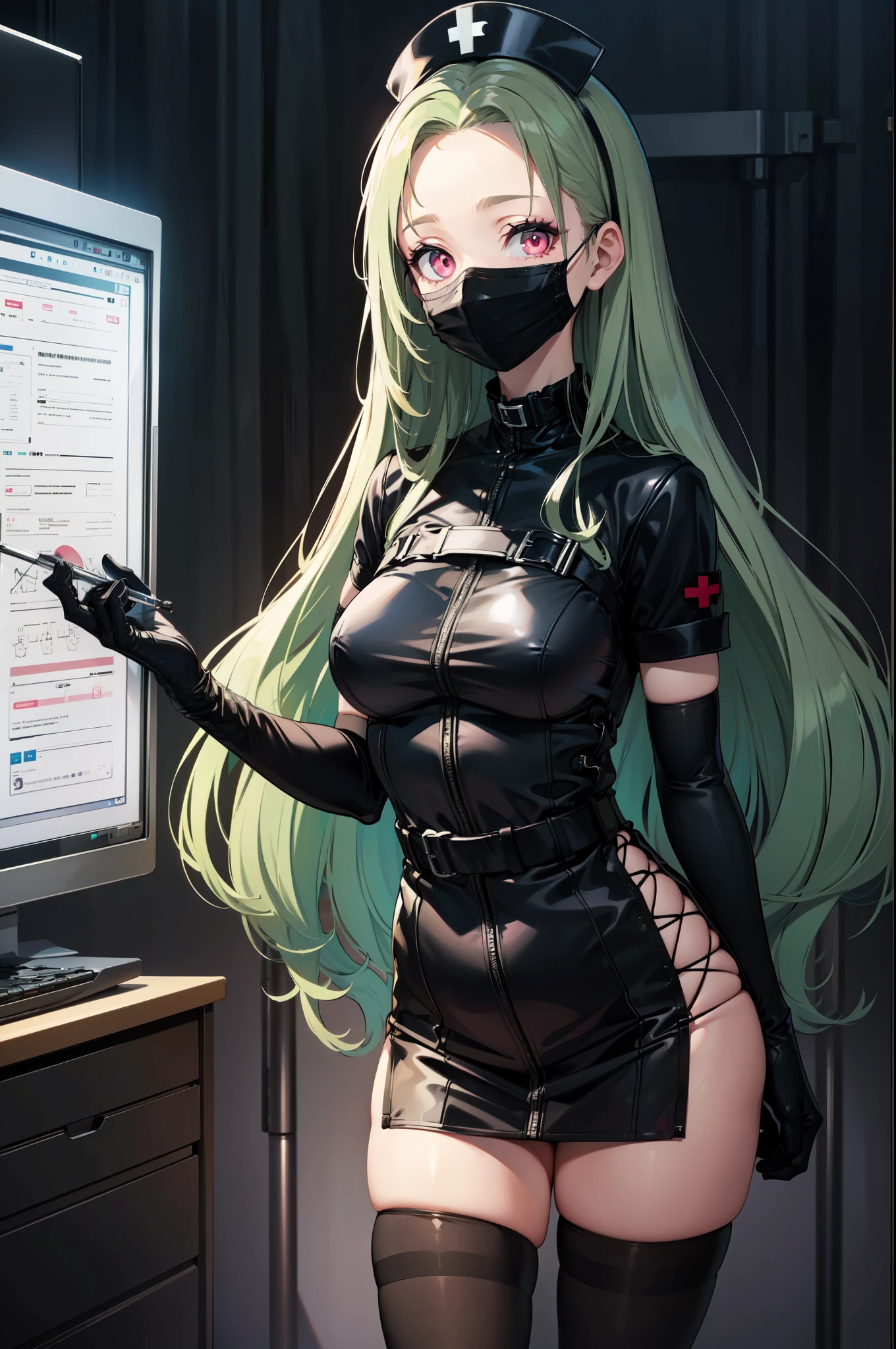 black nurse, 1woman, solo, black nurse cap, black nurse uniform, ((black legwear, zettai ryouiki)), black elbow gloves, forehead, long hair, green hair, pink eyes, ((black surgical mask, covered nose)), standing, ((surgery room)), sharp outline, short sleeves, mature female, 35 years old, best quality, masterpiece