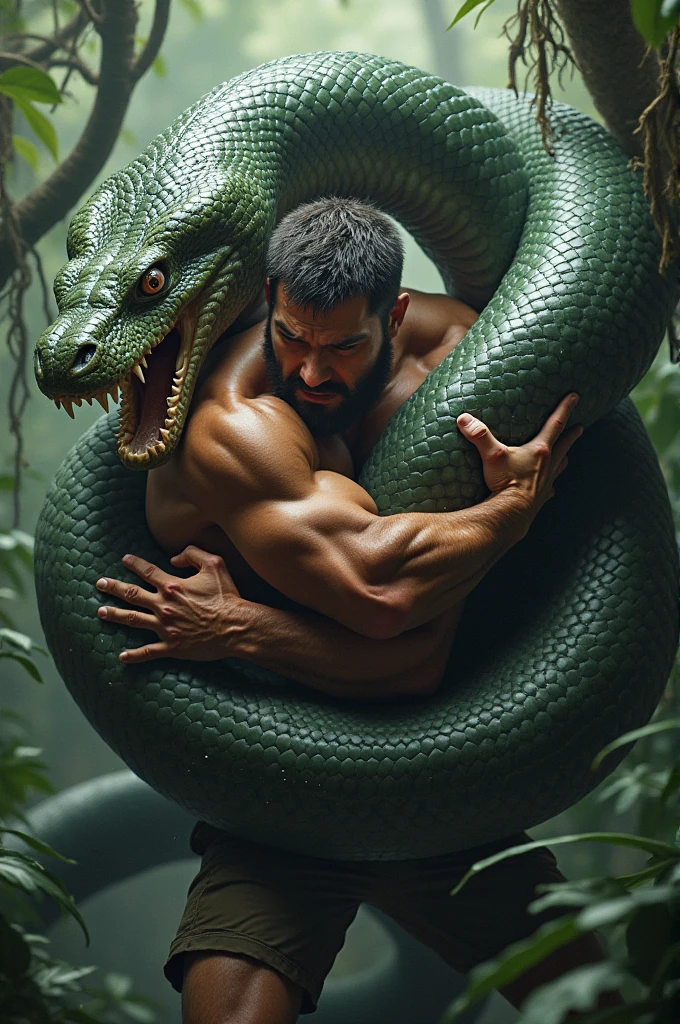 Green anaconda squeezing person