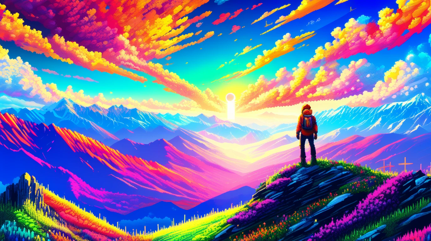 man at the top of the mountain, bright colors,  masterpiece fails, beautiful landscape, sky,  pixel art ,  very detailed  