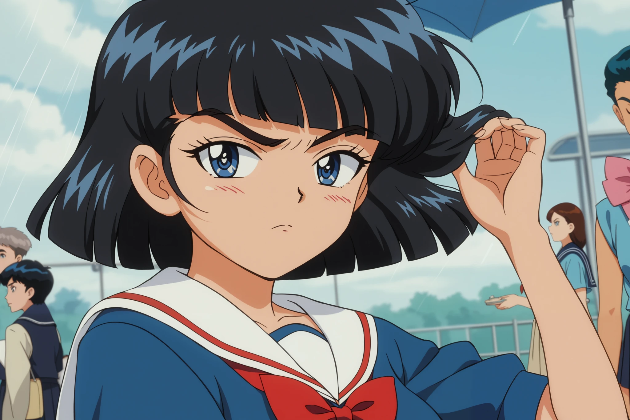 Young woman drawn in 80’s anime art style. 
Retro anime   . Vintage Anime. Classical Anime. 
Black HAIR
Hime Cut Hair
Older
(Round and Circle eyes)
(Blue eyes)
(Medium Sized Eyebrows)
(Tan Woman)
(Medium Breast)
Annoyed

She is wearing a sailor fuku (セーラー服, sērā fuku, sailor outfit) is a common style of uniform worn by female , traditionally by high school students, and onally, elementary school students. nsists of a blouse attached with a sailor-style collar and a long pleated skirt.

A ribbon is tied in the front and laced through a loop attached to the blouse. The color is the ribbon is typically red.

The color of the blouse is navy blue and the color of the bottom pleated skirt is navy blue. 

(Raindrops) (Rainy Sky) (School)