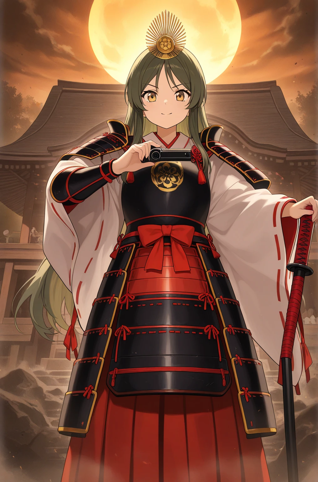  top quality,  Masterpiece,  highest resolution， (Traditional Japanese Samurai Armor), （battlefield_background）， ship this_Zuikaku，Shrine maiden costume_woman， anime style , （4K）, Alone， ((whole body)) ，  Nobunaga's Ambition with a tin cane illustration style，  looking at camera,  hyper-detail , ( intricate details ),