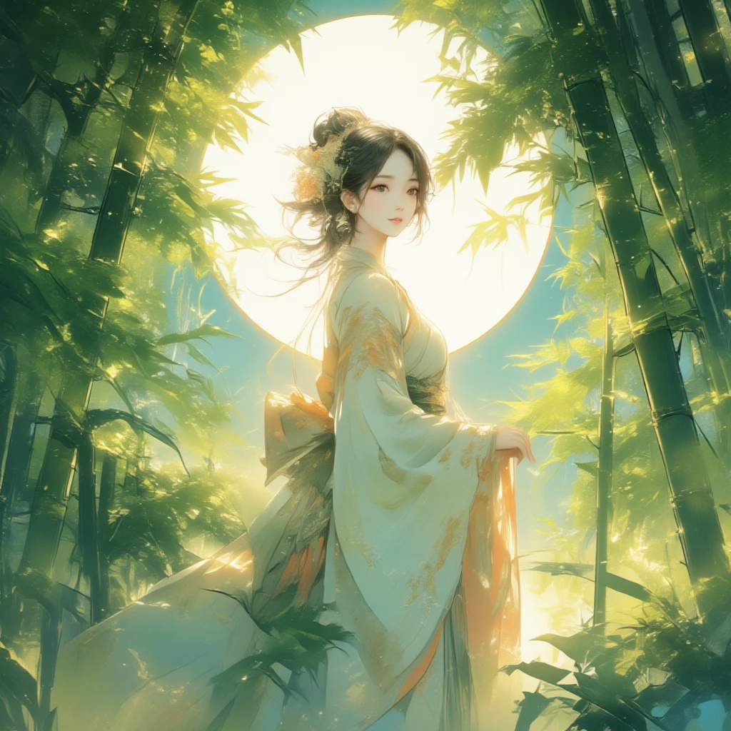 graphic art,ink-brush painting , A highly detailed and artistic digital illustration of a young East Asian woman depicted in a close-up, half-body view, surrounded by an abundance of tall bamboo stalks and lush bamboo leaves. She is dressed in a flowing white hanfu with subtle orange accents, exuding elegance and calmness. Her long black hair is left untied, flowing gently in the breeze, adding a sense of movement and natural beauty. The glowing circular white light in the background softly illuminates her serene face and upper body, blending harmoniously with the dense layers of bamboo leaves around her. The rich greenery and overlapping bamboo foliage create an immersive, tranquil atmosphere, while the soft lighting and delicate details of her expression emphasize an ethereal and peaceful mood. The composition focuses on her upper body, with the surrounding bamboo leaves framing her gracefully.