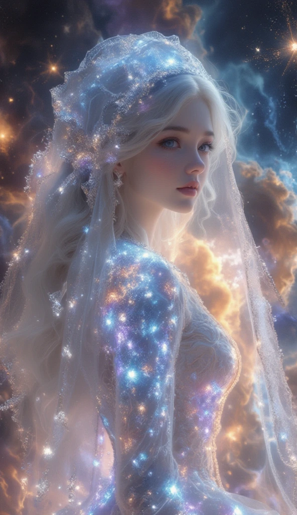  A 19-year-old European and Russian woman ,  with pure white hair like the snow that falls in waves, laegi ,  heavenly eyes ,  Pale and luminous skin . She wears a white Arabian style dress with diamonds embedded in colors simulating a galaxy in the dress and a matching veil, she is in the middle of a galaxy floating among the stars that illuminate her, she looks ethereal, bright and dazzling, like a goddess of the sky, quality hd 4k masterpiece . 