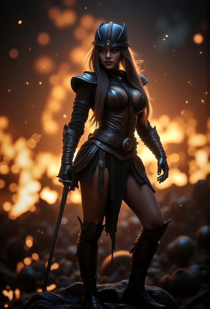 Erotic Gorgeous sexy medieval warrior Princess, darkness, sparks, sword, fire, greatest detail, sexy, battle in background 