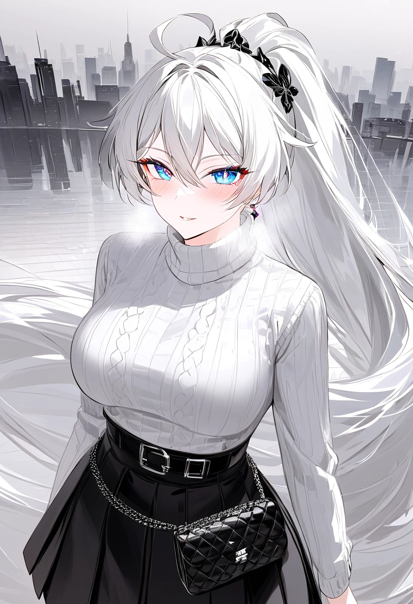 score_9, score_8_up, score_7_up, masterpiece, best quality, very aesthetic, absurdres, 1girl, adult grown woman, solo, kiana kaslana \(honkai impact 3rd\), herrscher of finality, white hair, ahoge, ponytail, very long hair, blue eyes, symbol-shaped pupils, glowing eyes, blush, seductive smile, heavy breathing, elegant business attire, light trench coat, form-fitting black skirt, short skirt, white blouse, turtleneck sweater underneath, belt with metallic logo, quilted black handbag with chain strap, subtle jewelry, modern corporate style, highly polished appearance, monochrome palette, classy minimalist fashion, city background, professional aesthetic, walking on city