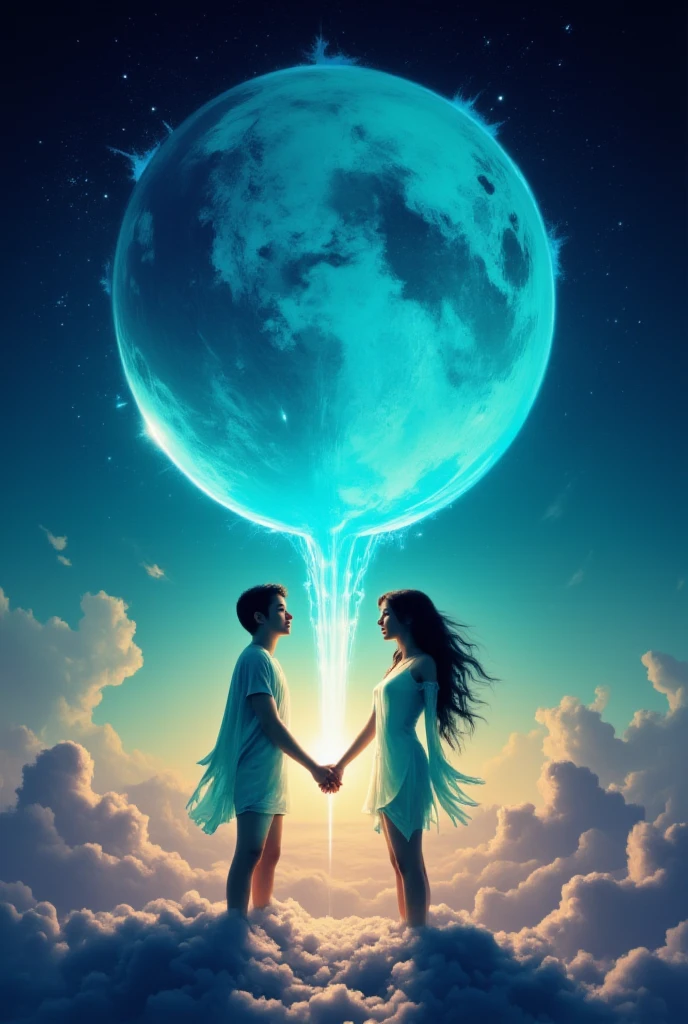 Digital photo painting , Photo art in style of Howard Schatz and Guido Argentini. Reference Eve Ventrue. A heart, turquoise magic flashes, stars and a Silhouettes of lovers holding hands, standing on a fluffy luminous cloud. A boy and a girl, face to face. Glowing clothes, beautiful faces, perfect dynamic composition. Astrophotographic moon and stars in double exposure Stunningly beautiful. Ultra-bright chrome paints. Merges but not mixing. The perfect composition. Digital painting. colors gradient shadows. breathtaking surreal masterpiece. ultra-clear, ultra HD, vivid vibrant colors. divine presence, unforgettable, ultra fine, hyper-detalization, extremely accurate, clear in its complex intricacy, an artwork that exudes glorious and coherent brilliance, DSLR photograph, utilizing the subtle, artistic nuances of a carefully crafted, bokeh effect, and the professional, optical precision of a Canon lens, to create a breathtaking surreal masterpiece. intricate complexity throughout, pure perfection. High Resolution, High Quality