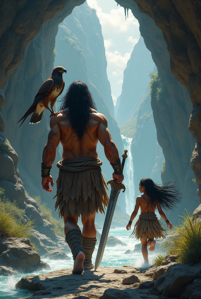 A tall image of a couple bathing under a waterfall, Conan the Barbarian, sinewy muscles, standing under a waterfall, and, Lucy Pinder, completely naked, standing in front of him, in a river, photorealistic, front view, High resolution