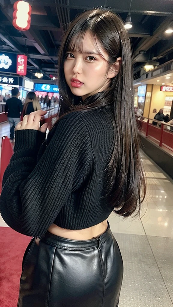 (((look back, walking))),(((black long sleeve knit, black leather skirt))), (((open mouth, angry face:1.3)))、((((black long hair, bangs)))), ((chubby)), Japanese、((((Round face))))、(big cheeks)、((Cute Face))、(((Japanese idol)))、(((background: dark shopping mall))),  Ultra High Definition,  high image quality model,  retina,  top quality, High resolution、high resolution、in 8K,Highly detailed eyes and face、超High resolution, High resolution、high resolution、in 8K