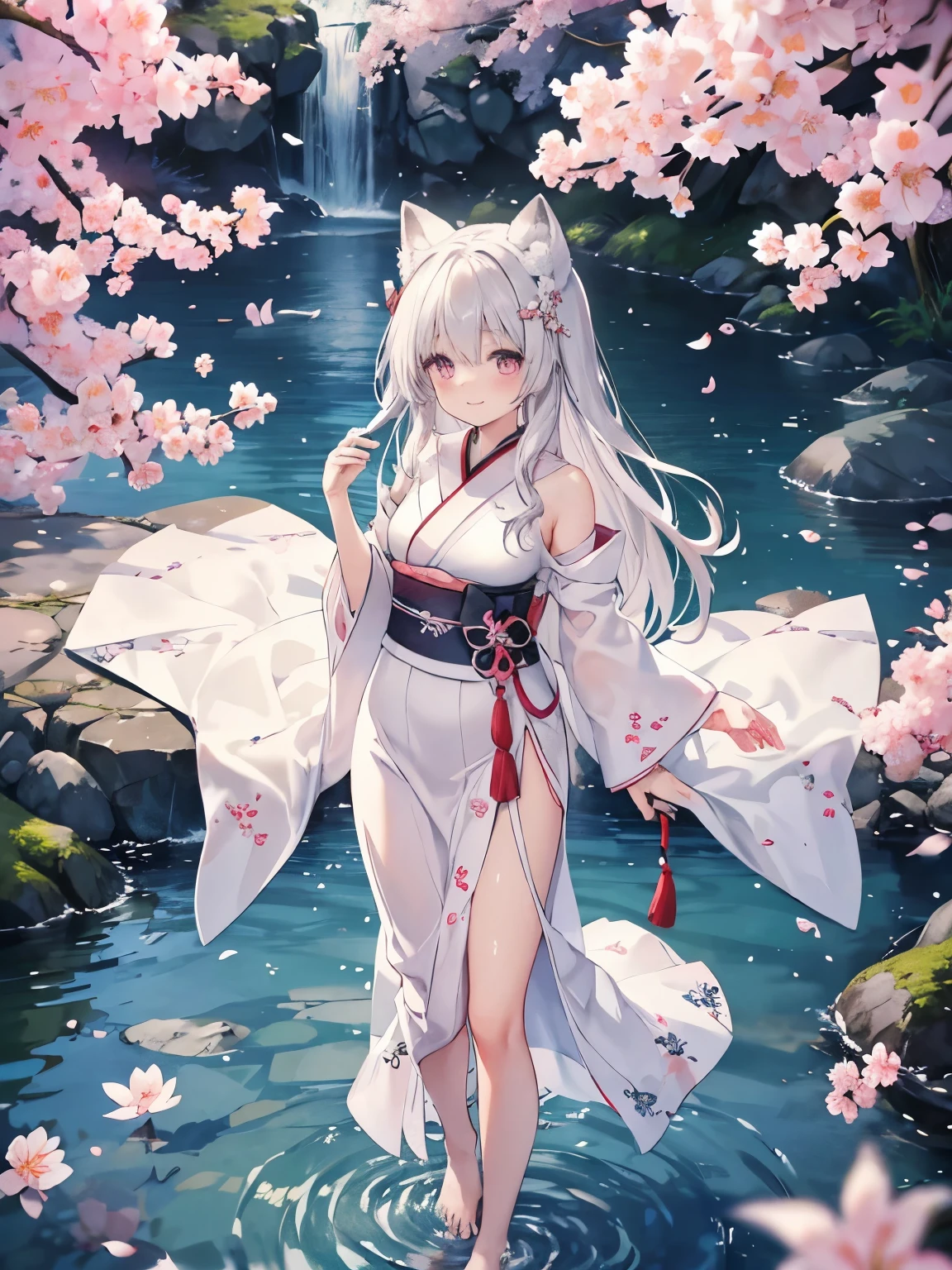 Edo、Cherry blossom trees、Japanese style wedding dress 、  One Girl  、smile、 White Fox Ears、White fox tail、  long gray hair 、 colorful eyes 、 A long silk lace hangs on the back、Mid-chest、  viewers of the pin、  seen from the front 、Show the whole picture、barefoot、 Wet Ground 、water surface