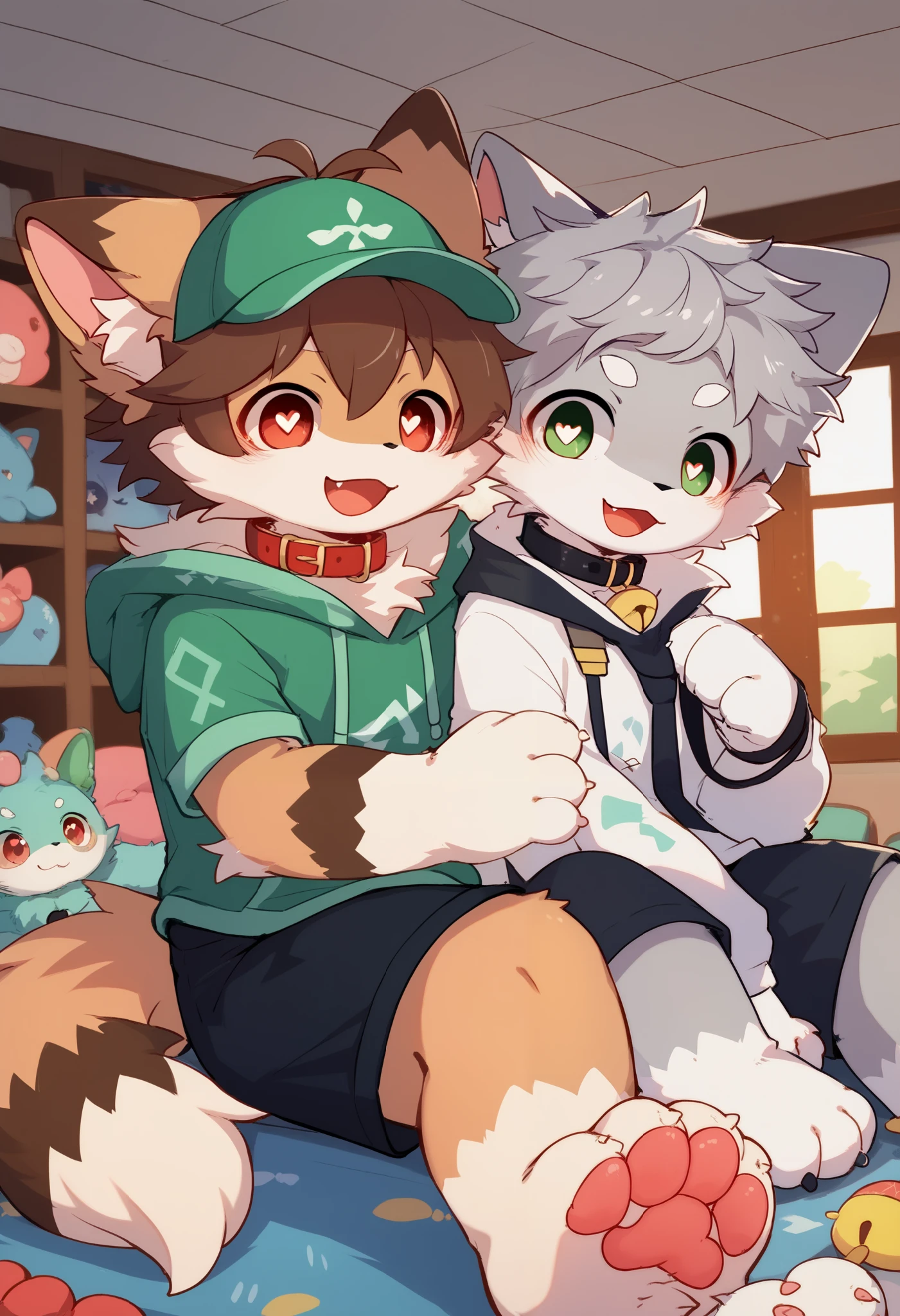  very detailedな, very detailed, brown fur gray hair ,Brown Hair,,male,骨 を見てExcited,Heart Eyes,participate, green white and colored hat, cute face,Sitting！,Connect the collar and leash,,black ears , fluffy fur like one,Excited,Horny boy,Beautiful room, 's room ,Smiling face,Dropped ears, let's play with the toy! my mental age is  ,Want, black shorts,green and white hoodie 