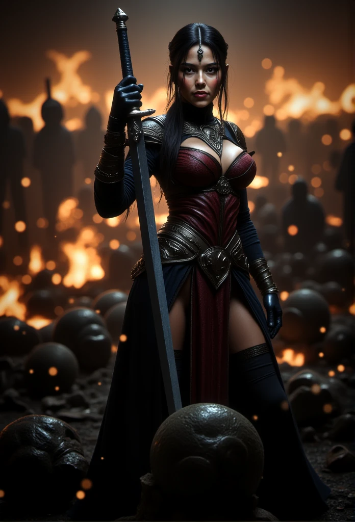 Erotic Gorgeous sexy medieval warrior Princess, darkness, sparks, sword, fire, greatest detail, sexy, battle in background 