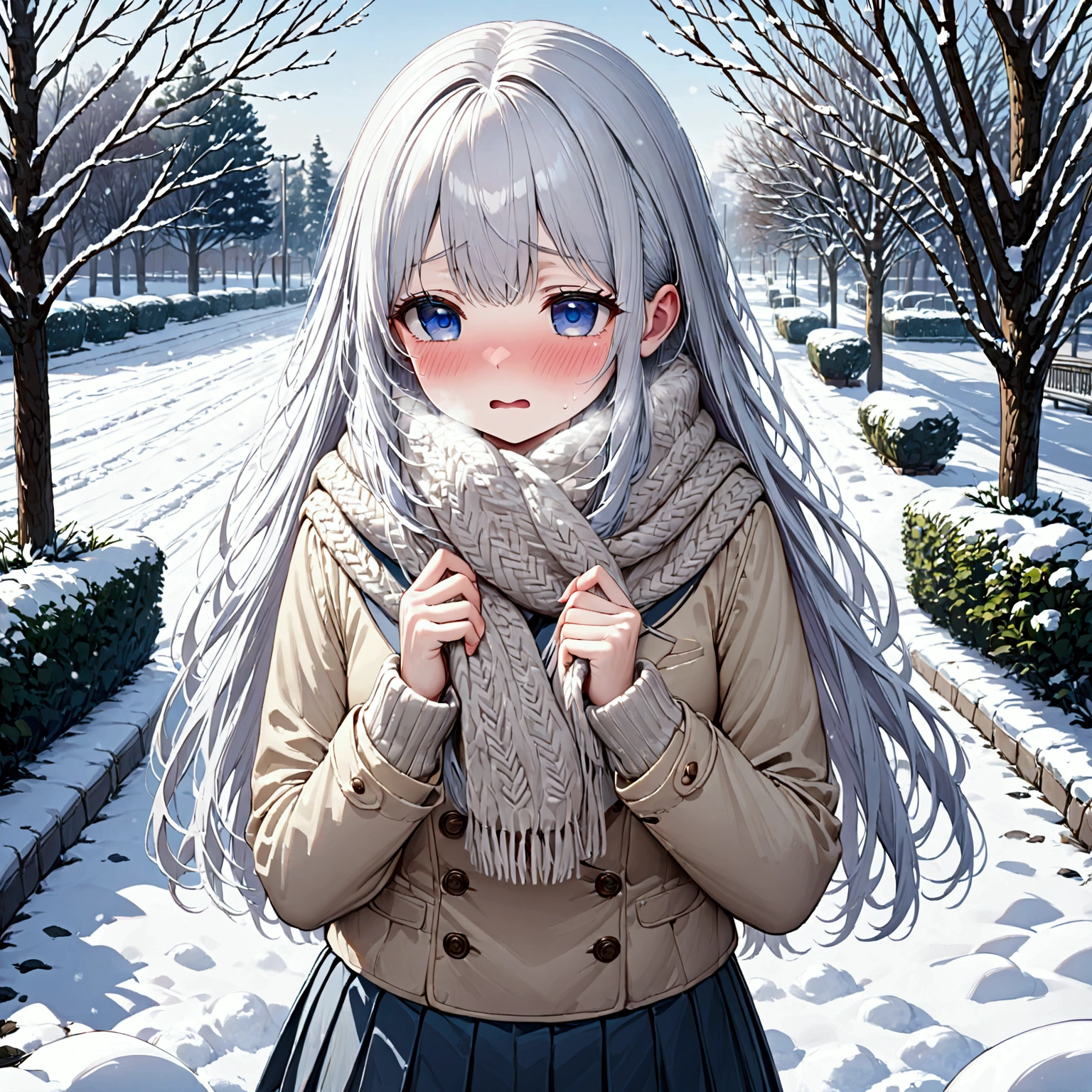 young girl, long silver hair, blue eyes, shy expression, school uniform, right hand holding scarf  white scarf, snow