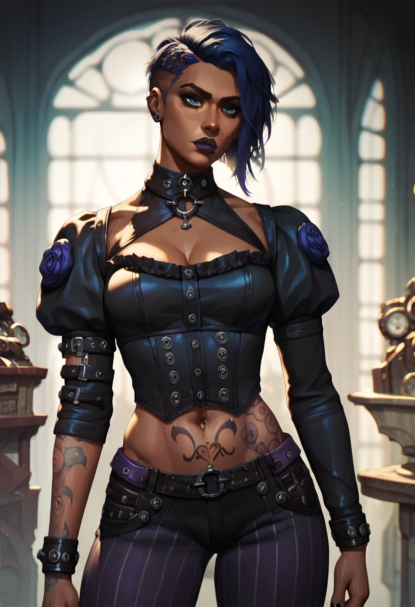 A character outfit from the series arcane gothic outfit , detailed, black clothes, dark skin, silver, purple items, tattoos, extravagant, huge baggy pants,  black, sexy, steampunk weapons