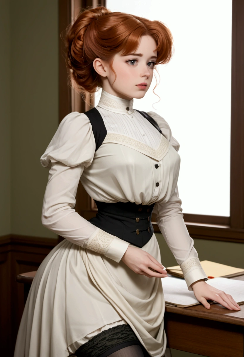 score_9, score_8_up, score_7_up, Sexy 15yo redhead Gibson Girl of the 1900s (((using a desk to masturbate))), year 1904, 1900_dr3ss, high-collar shirtwaist, skirt hiked up, silk stockings, nsfw