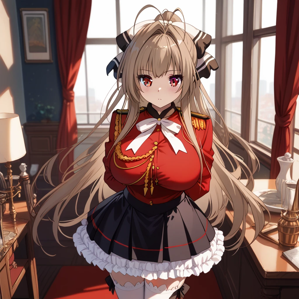 SentoUniform, red jacket, epaulettes, aiguillette, neck ribbon, white ribbon, long sleeves, multicolored skirt, frilled skirt, black skirt, white thighhighs, (arms behind back:1.4), breast, (huge breast:1.0), (blush), 8k masterpiece, (1girl, solo), long hair, ponytail, brown hair, antenna hair, hair intakes, brown eyes, hair bow
