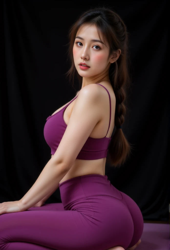 (（（Perfect body,White and tender skin,（（（Purple yoga suit,Purple yoga pants,yujiasuit, yoga pants, yoga long sleeves,）））,（（（Ajumma,brown eyes, braid, long hair, braided ponytail, single braid, hair over shoulder, bangs, blush, lips）））,((masterpiece)),highres,((Best quality at best)),masterpiece,quality,Best quality,(（（ Exquisite facial features,Looking at the audience,There is light in the eyes,(（（blush，pant，sweat）））,Yoga exercises，Plump buttocks）））,（（（Light and shadow,Huge breasts,）））,（（（Looking at the camera,black background,)））),