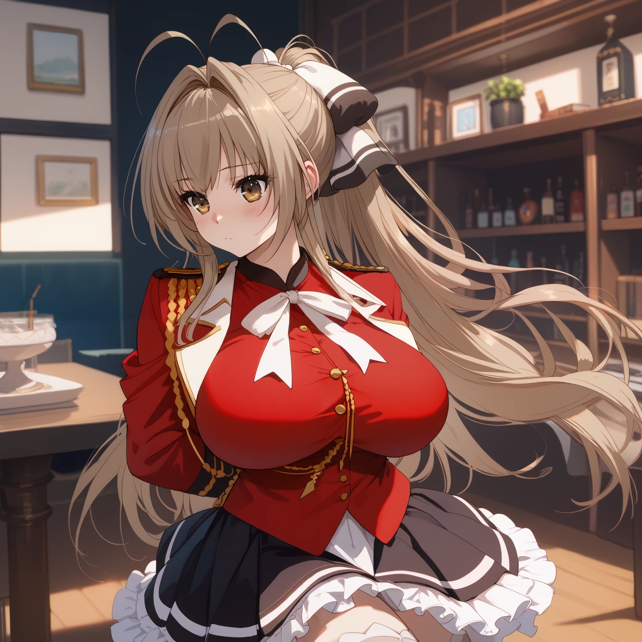 SentoUniform, red jacket, epaulettes, aiguillette, neck ribbon, white ribbon, long sleeves, multicolored skirt, frilled skirt, black skirt, white thighhighs, (arms behind back:1.4), breast, (huge breast:1.0), (blush), 8k masterpiece, (1girl, solo), long hair, ponytail, brown hair, antenna hair, hair intakes, brown eyes, hair bow
