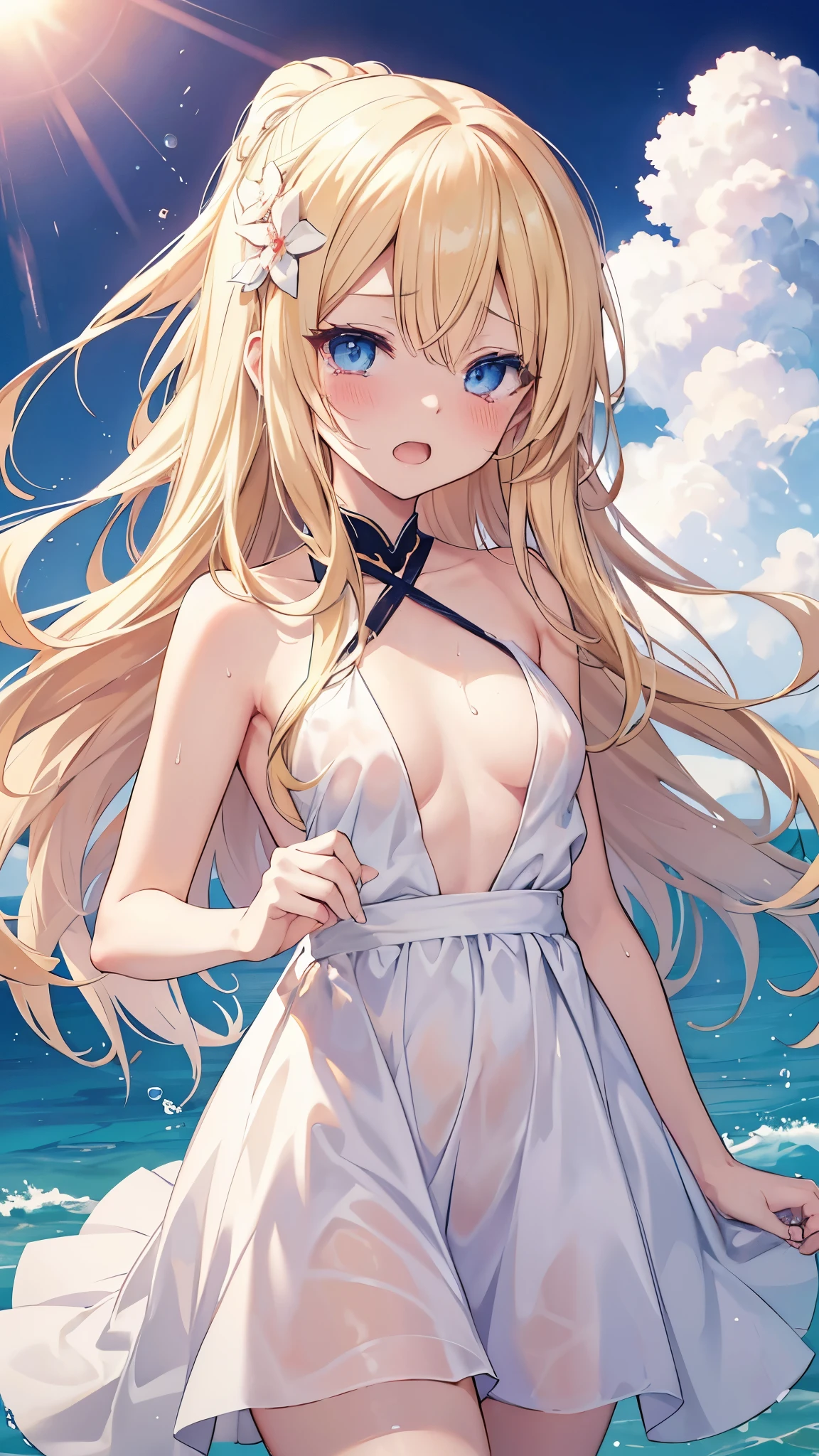 masterpiece, rich colors, Best quality, detailed, high resolution, Hyper quality, high detail, , high quality, detailing, skinny sexy girl on the beach , bright lighting , Brown eyes, Anime, palm trees, bright lighting, blonde,