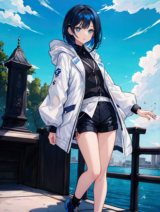 Like a game cover、background（backgroundは日没の夕焼け、In the sky、Sky都市、Sky、blue and black contrast、aquarium）、 pose（ dynamic ）、 character（Tree Eyes,Sparkling blue eyes）、Hairstyle（ medium hair ,  black and blue hair）、clothing（  fashion illustration, white jacket, medium hair ,  Dating Fashion、I wore shorts）、scene（whole body）