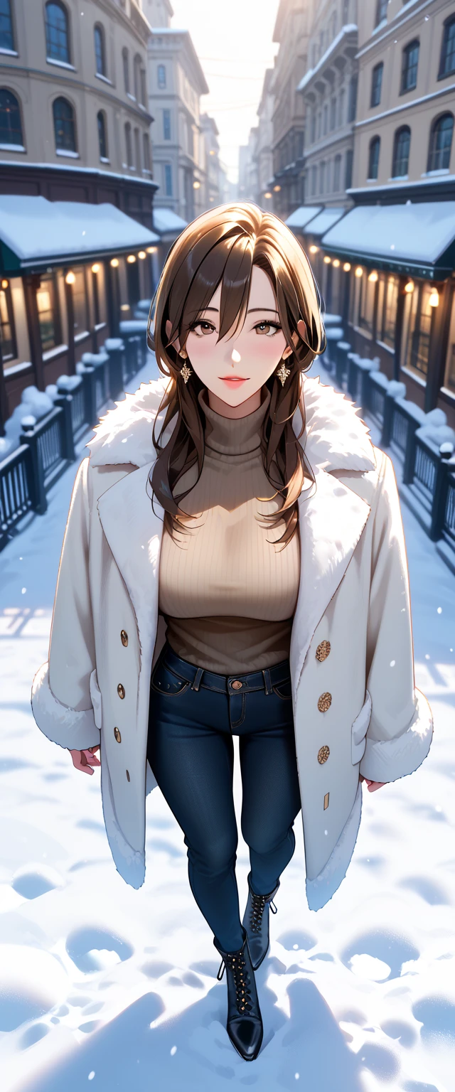 Score_9, Score_8_up, Score_7_up, Source_anime, anime art, anime style, very aesthetic, masterpiece, high quality, 1girl, elegant mature woman, milf, brown hair, long hair, hair between eyes, (black turtleneck sweater, open black fur coat, black jeans, ankle boots), beautiful eyes, female focus, looking at viewer, ((above view)) ((close up shot)), soft light, ((solo)) detailed, very high resolution, no blurry image, (full body), standing, beautiful, serene expression, intricate details, detailed background, outdoors, city, snow, winter:1.3