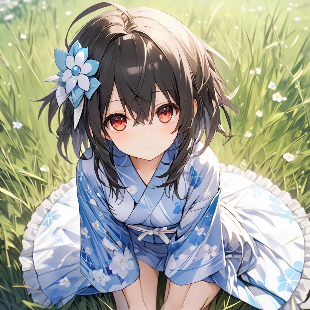 ( 1 girl),blanc \(Neptunia )\, black hair,(low ponytail:1.5), red eyes, (very long sidelocks:1.5),very shy:1,5, (floral mini yukata :1.5)、(Thighs:1.5).(bridal garter:1.５),stand、grassland、blue sky、 dynamic angle 、( perfect anatomy ),( best quality), ( ultra hi-res), (超 high definition ), ( Highly Detailed CG), (32K), (masterpiece)、eyesHD