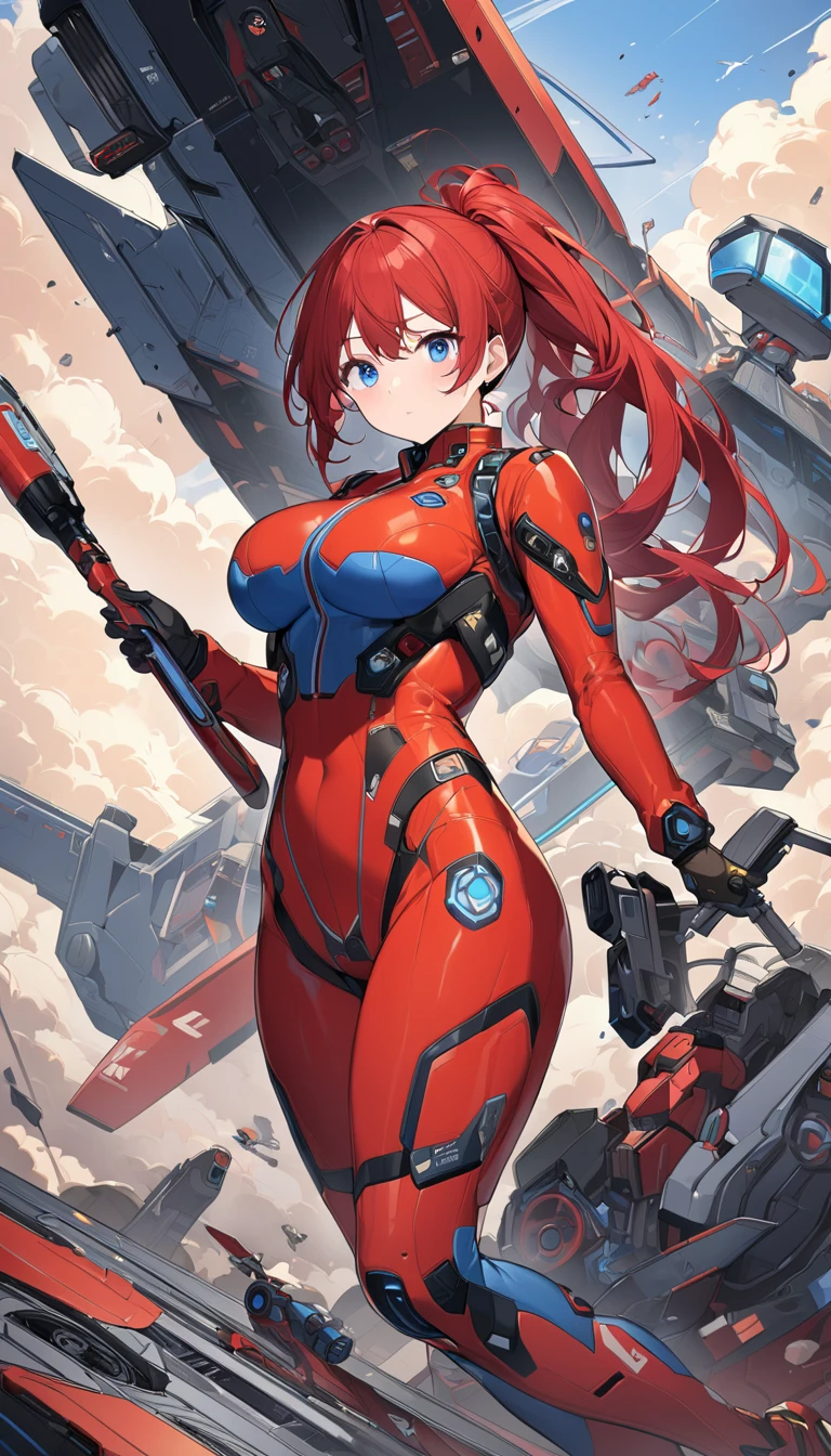 create an image of a woman with short fiery red hair with very tight and sexy astronaut pants at the bottom and a large bikini cleavage at the very sexy top, She&#39;s an astronaut so she&#39;s inside the ship, de fundo tem uma janela quadrada grande que mostra o planeta terra crie exatamente oque eu te pedi