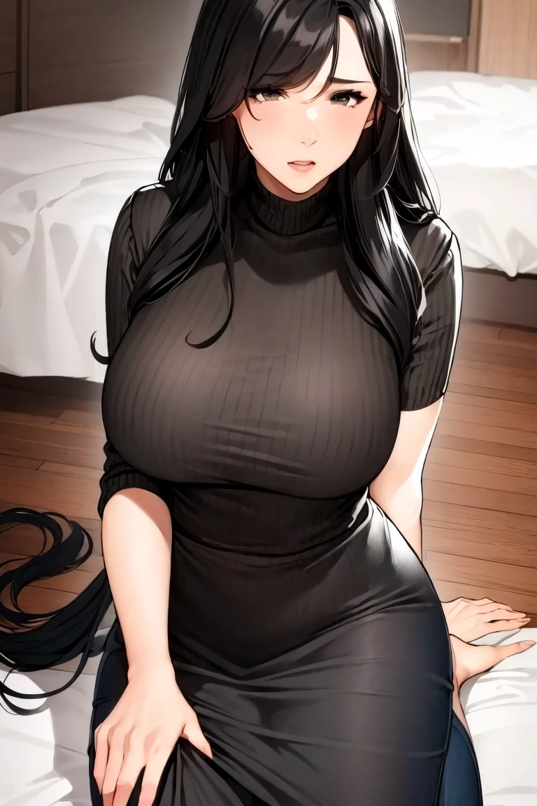  long straight black hair up to the waist　 fluffy hair 　 voluminous hair　Adult-like hairstyle　Late 30s　 sad expression 　 I'm not wearing clothes　Completely naked　 lie on your back on the bed　 bell-shaped breasts 　large areola