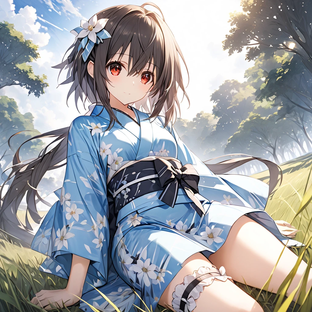 ( 1 girl),blanc \(Neptunia )\, black hair,(low ponytail:1.5), red eyes, (very long sidelocks:1.5),very shy:1,5, (floral mini yukata :1.5)、(Thighs:1.5).(bridal garter:1.５),stand、grassland、blue sky、From below、( perfect anatomy ),( best quality), ( ultra hi-res), (超 high definition ), ( Highly Detailed CG), (32K), (masterpiece)、eyesHD