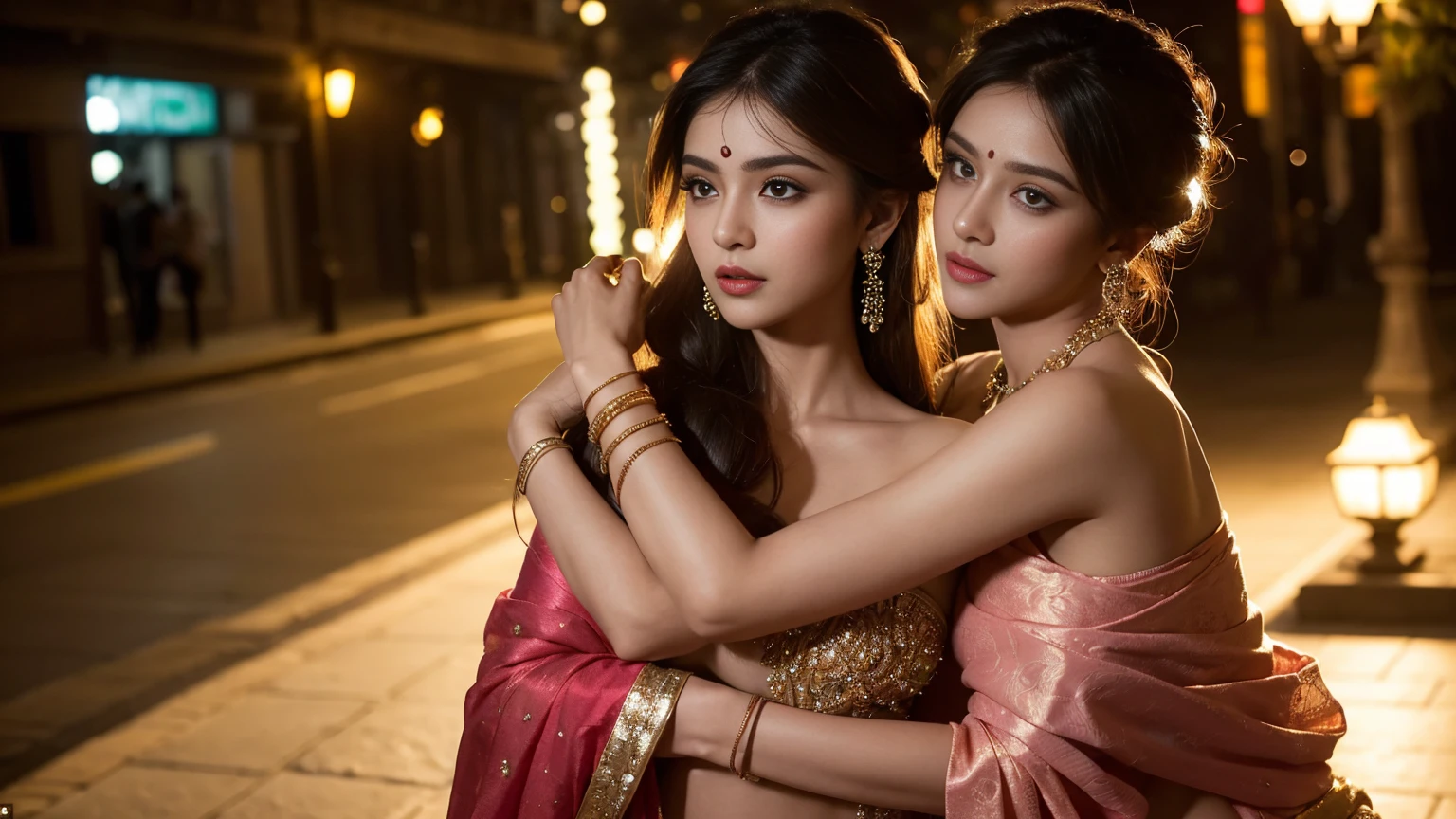 two women in colorful saris standing on a staircase way, beautiful sexy face, natural glittery eyes, bollywood , india,highly detailed face, realistic eyes, eye cintact, cute smile, laughing hard, trending perfact cute face,30 year, sari, draped in silky purple and gold, draped in purple and gold silk, green magenta and gold, wearing a sari, wearing sari, colourful, with beautiful colors, hindu, flowing aqua silk, beautiful look, festival of rich colors, mid shot portrait, cyan and gold scheme