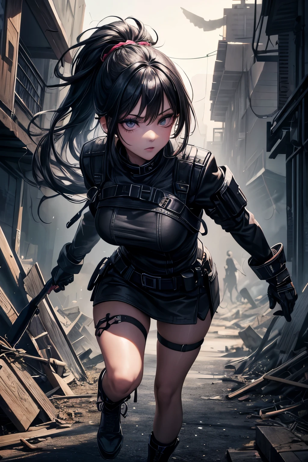 whole body, katana, Black military uniform, urban backdrop, Ladies' military vests, shorts, midriff, absurdres, RAW photo, extremely delicate and beautiful, masterpiece, Best Quality, ultra high resolution, 32k, hyperrealistic, ultra-detailed, tearful mole, earring, short medium hair, wavy hair,