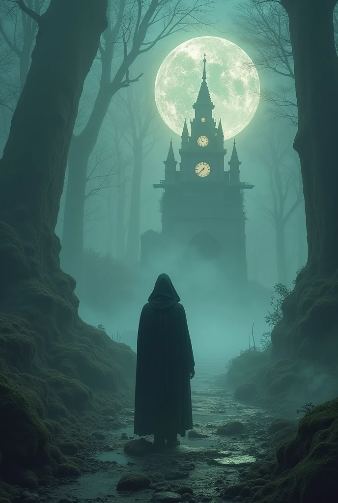 Horrific , you sang , skulls , black flowers , lightning , a dark night , haunted trees , a castle , a clock  
