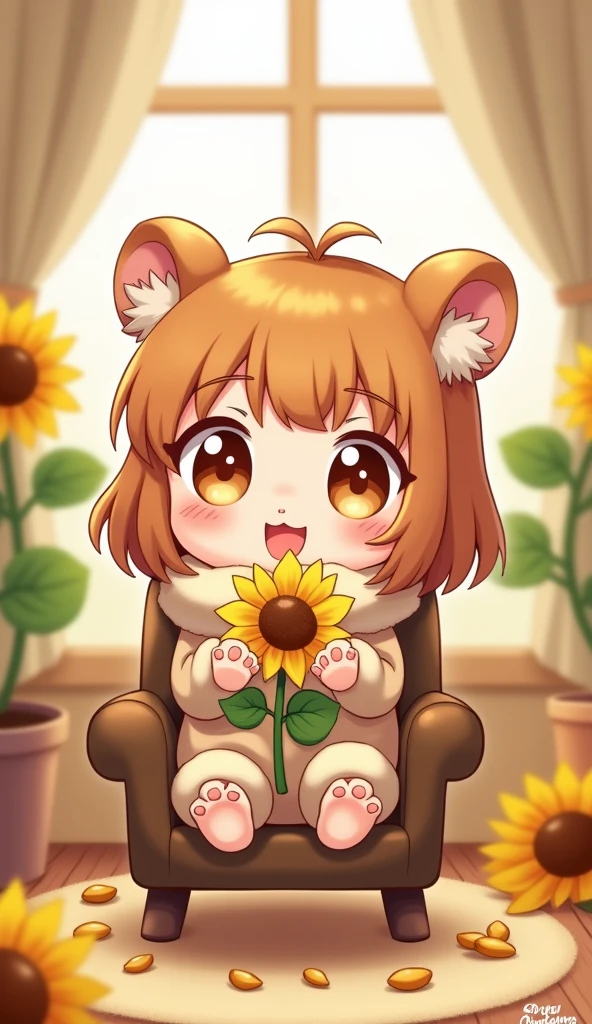 (fluffy anthro furry:1.6),(young:1.6)best resolution,best quality,mini girl,cat girl,brown short hair,wavy hair,small breasts,cutie red dress,sunflower field,sun beam,smile,two eyes closed,open mouth,glasses,sunny day hat 