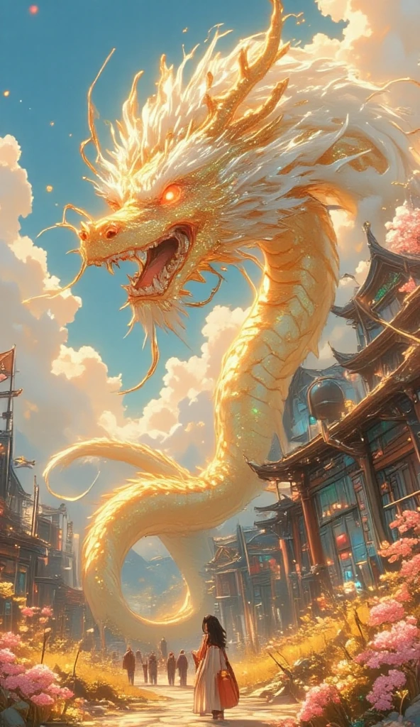 Golden Chinese dragon in the medieval kingdom, Art Nouveau style illustration, Detailed sky, Illustrative narrative, solarizing master, Visual poetry