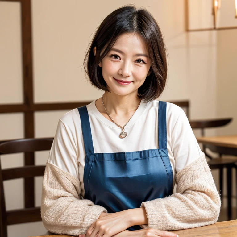 pov, (1woman), japanese 48yo woman, adorable face, round face, natural makeup, wrinkle, short-bob hair style, photo-reality, best quality, highly detailed, complex detail, Indirect light, photorealistic, bashful, blush, (smile shyly), (long sleeve t-shirt, silk apron, necklace), sitting at table, elbows on table, face palm, resting her elbows on the table with her hands supporting her cheeks, model posing, at dining room, ((in front shot, facing viewer)), face focus, 