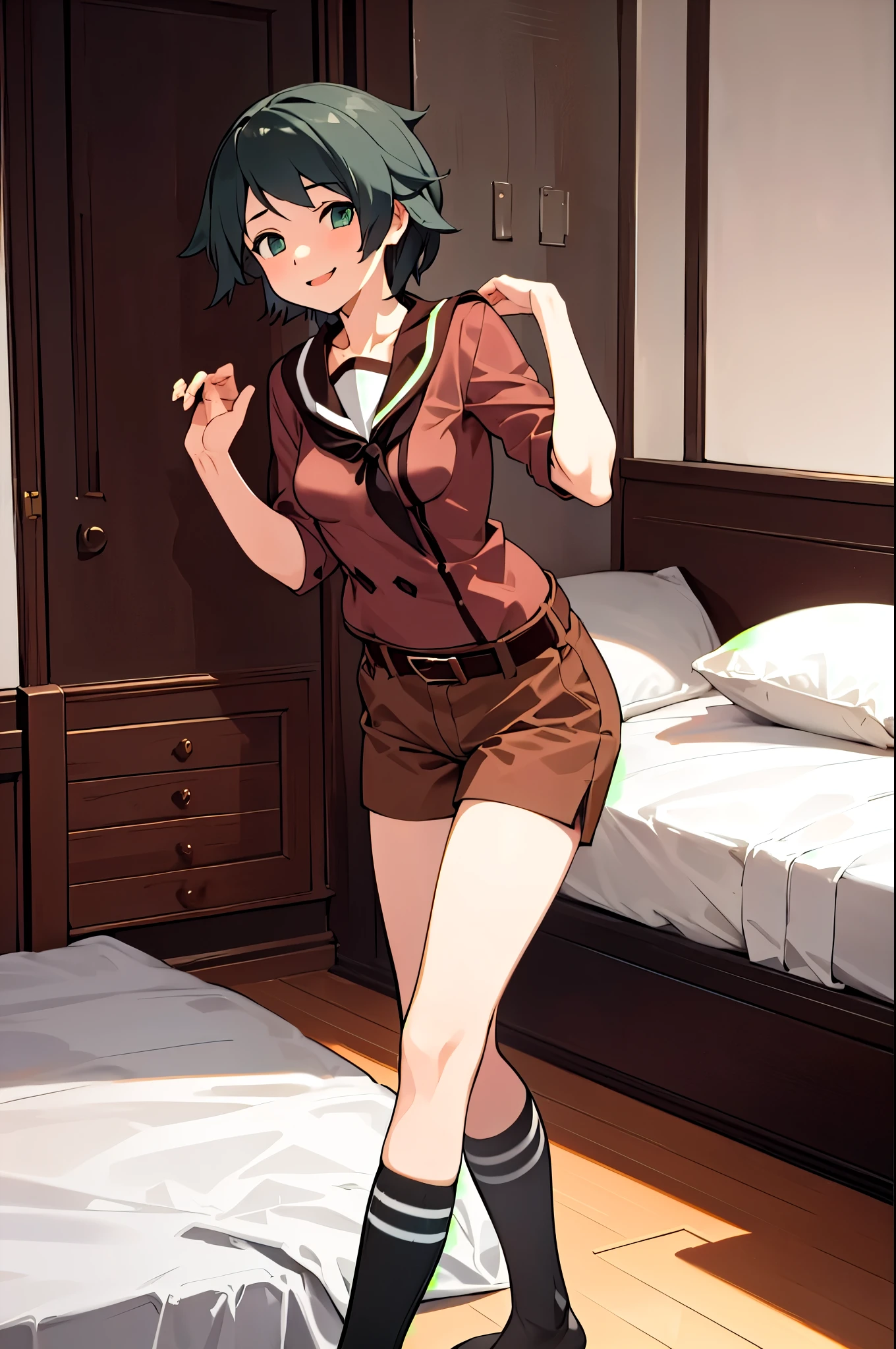   1 girl ,Alone,
Best \( Kantai Collection\),
Brown shorts, belt,  medium breasts,   good,
indoor,   on the bed , ,    evil smiles   ,