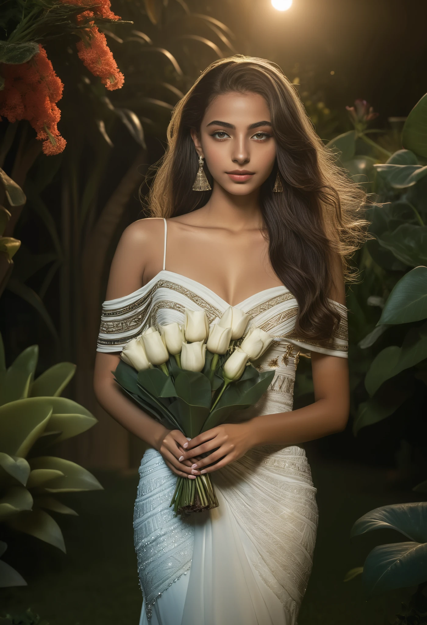 1girl, white dress, detailed face, looking at viewer, gentle smile, peaceful vibe, big bouquet, black hair, surrealism, super detail, masterpiece, super details, high quality, dreamy, colorful lush vegetation surface, vibrant flowers, harmonious red hue flower, floating garden, soft glow, ethereal atmosphere, exotic blossoms, misty waterfalls, gigantic breasts,